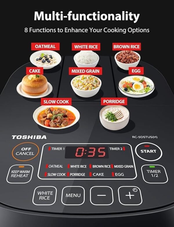 Toshiba Mini Rice Cooker, 3 Cups Uncooked Small Rice Cooker, Steamer & Warmer, With Fuzzy Logic And One-Touch Cooking, 24 Hour Delay Timer And Auto Keep Warm Feature