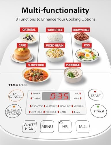 Toshiba Mini Rice Cooker, 3 Cups Uncooked Small Rice Cooker, Steamer & Warmer, With Fuzzy Logic And One-Touch Cooking, 24 Hour Delay Timer And Auto Keep Warm Feature
